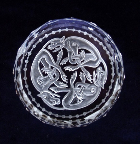 Crystal Glass Paperweight with Celtic Running Dog Design