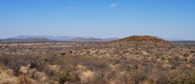 The terrain of northern Namibia with Mount Etjo in the distance.